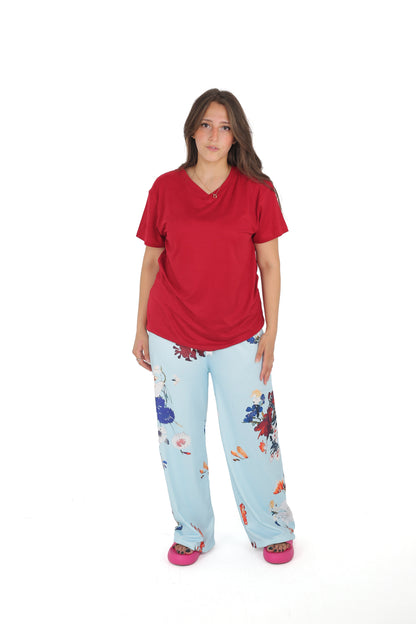 Summer Pajama (001) Dark Red and Light Blue