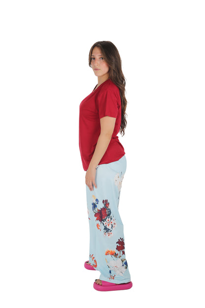 Summer Pajama (001) Dark Red and Light Blue